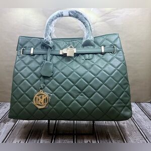 Big Diamond Quilted Tote • Front Lock • Sage Green • NWT